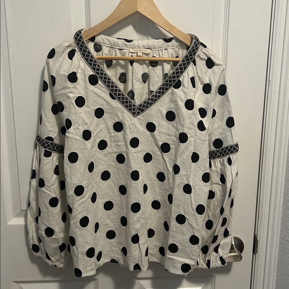 Skies Are Blue black and white polkadot linen V-Neck Tunic Anthropologie